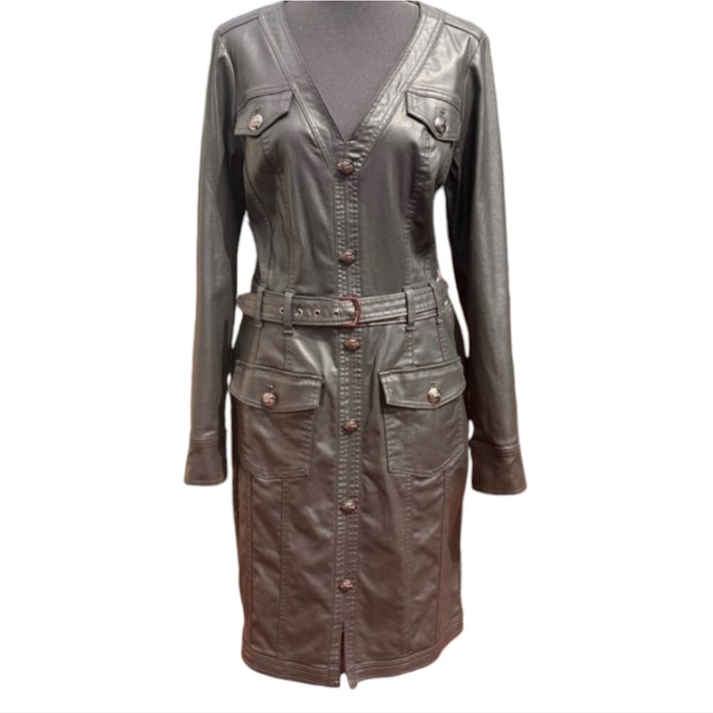 White House Black Market Black Long Sleeve Coated Denim Shirt Dress size 14 New - Picture 6 of 11